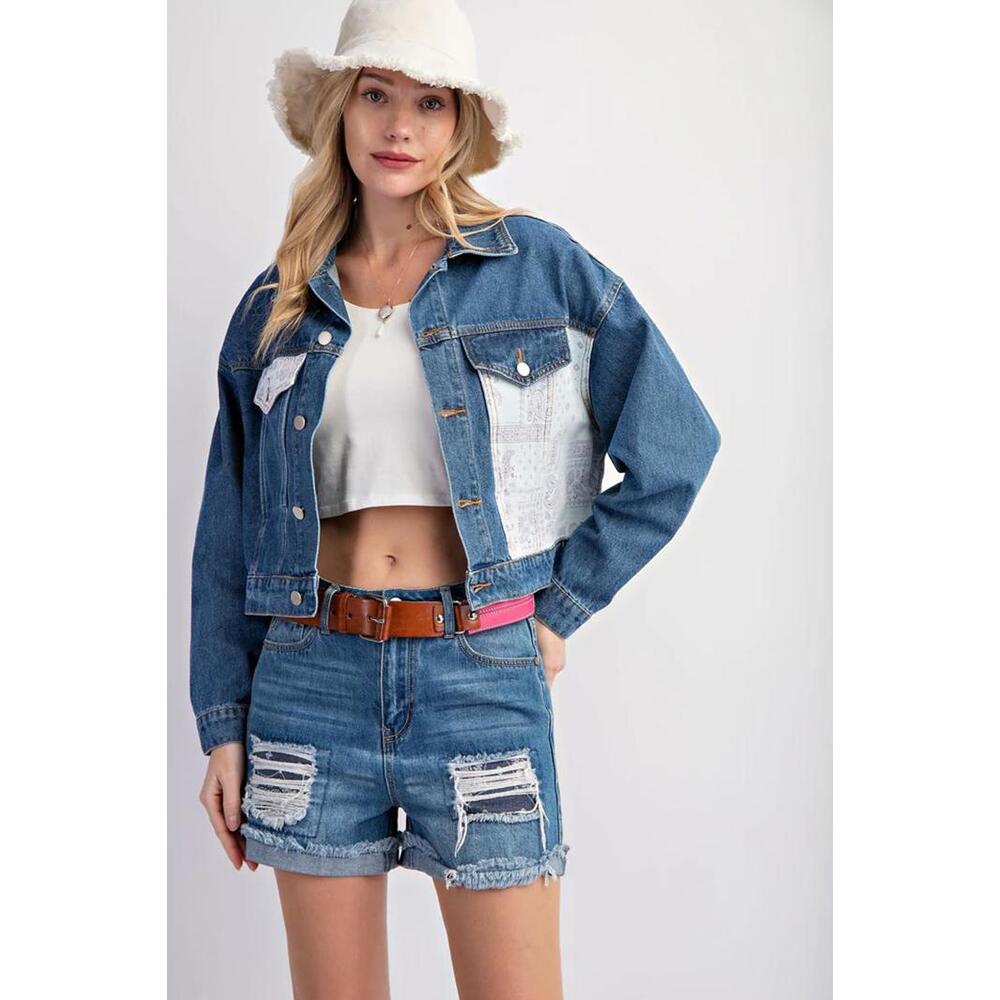 Easel-Small Patchwork Print Denim Jacket NWT - image 1